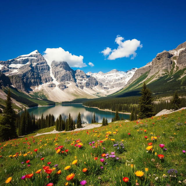 A stunning mountain landscape featuring snow-capped peaks under a clear blue sky