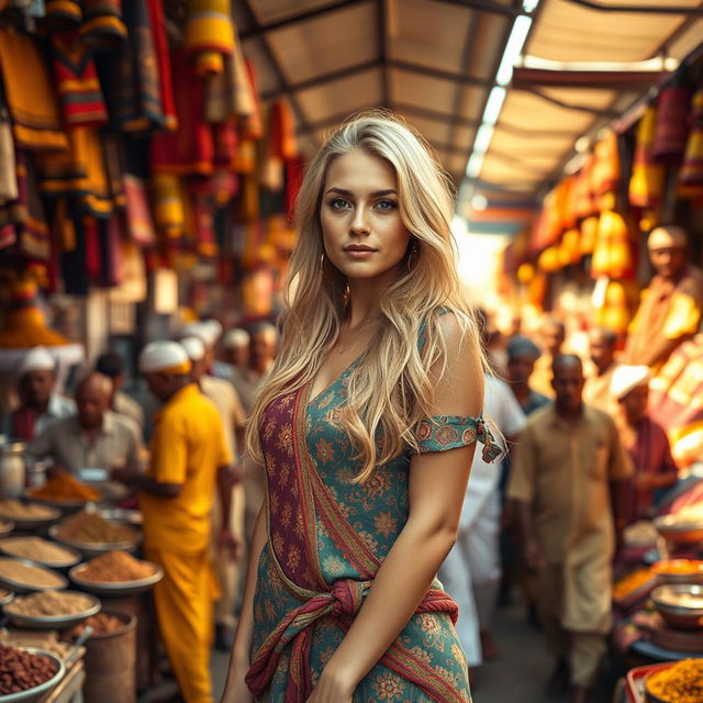 A striking image of a beautiful blonde woman standing confidently in the open air of an Indian market