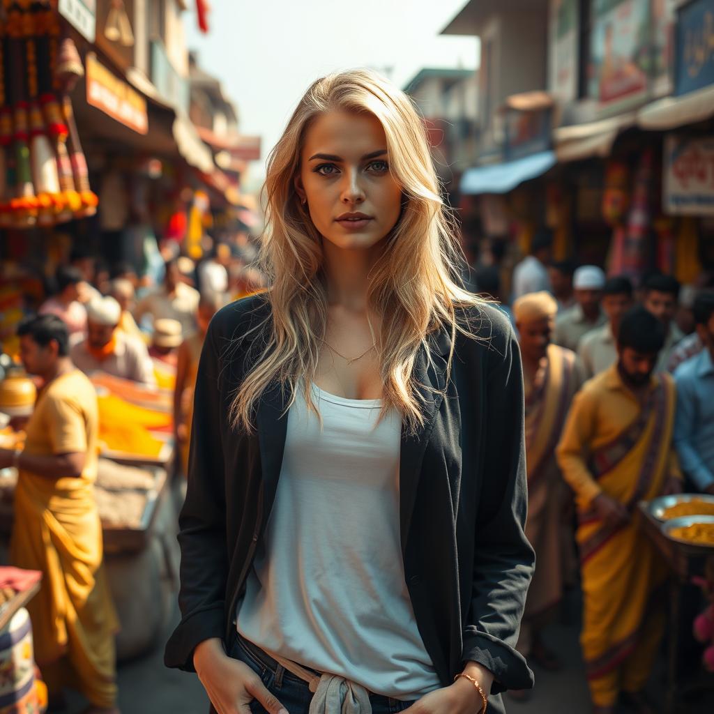 A striking image of a beautiful blonde woman standing confidently in the open air of an Indian market