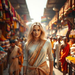 A striking image of a beautiful blonde woman standing confidently in the open air of an Indian market