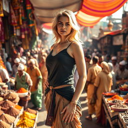 A striking image of a beautiful blonde woman standing confidently in the open air of an Indian market