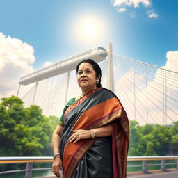 An artistic representation of Sheikh Hasina, the Prime Minister of Bangladesh, standing proudly with the Padma Bridge in the background