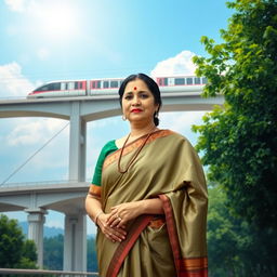An artistic representation of Sheikh Hasina, the Prime Minister of Bangladesh, standing proudly with the Padma Bridge in the background