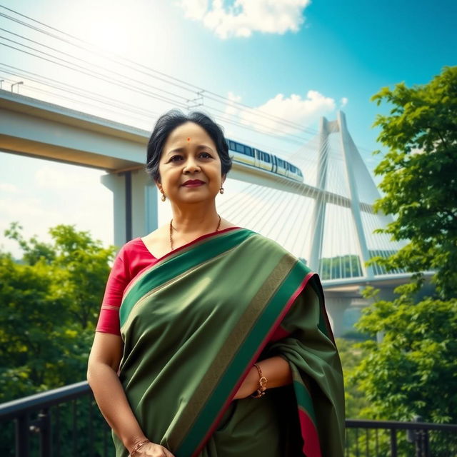 An artistic representation of Sheikh Hasina, the Prime Minister of Bangladesh, standing proudly with the Padma Bridge in the background