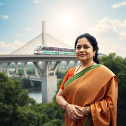 An artistic representation of Sheikh Hasina, the Prime Minister of Bangladesh, standing proudly with the Padma Bridge in the background