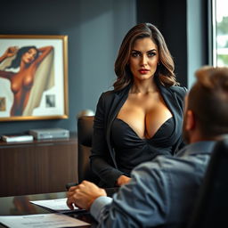 A dominant and confident woman with big natural breasts, dressed in a professional office outfit, sits at her desk with an assertive expression on her face