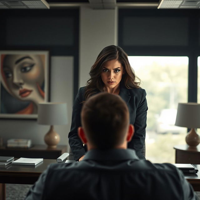 A dominant and confident woman with big natural breasts, dressed in a professional office outfit, sits at her desk with an assertive expression on her face