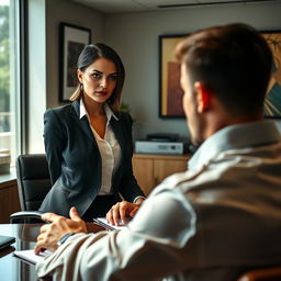 A dominant and confident woman with big natural breasts, dressed in a professional office outfit, sits at her desk with an assertive expression on her face