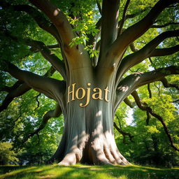 A large, majestic tree with a thick trunk and sprawling branches, adorned with vibrant green leaves