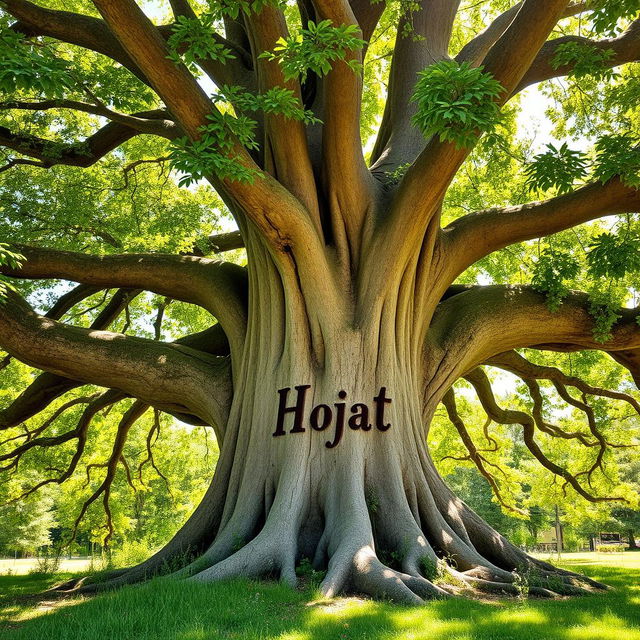 A large, majestic tree with a thick trunk and sprawling branches, adorned with vibrant green leaves