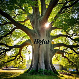A large, majestic tree with a thick trunk and sprawling branches, adorned with vibrant green leaves