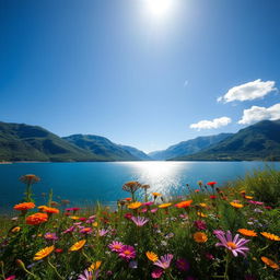 A beautifully shot landscape featuring a serene lake surrounded by lush green mountains under a clear blue sky