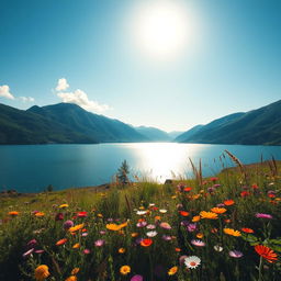 A beautifully shot landscape featuring a serene lake surrounded by lush green mountains under a clear blue sky