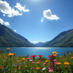 A beautifully shot landscape featuring a serene lake surrounded by lush green mountains under a clear blue sky