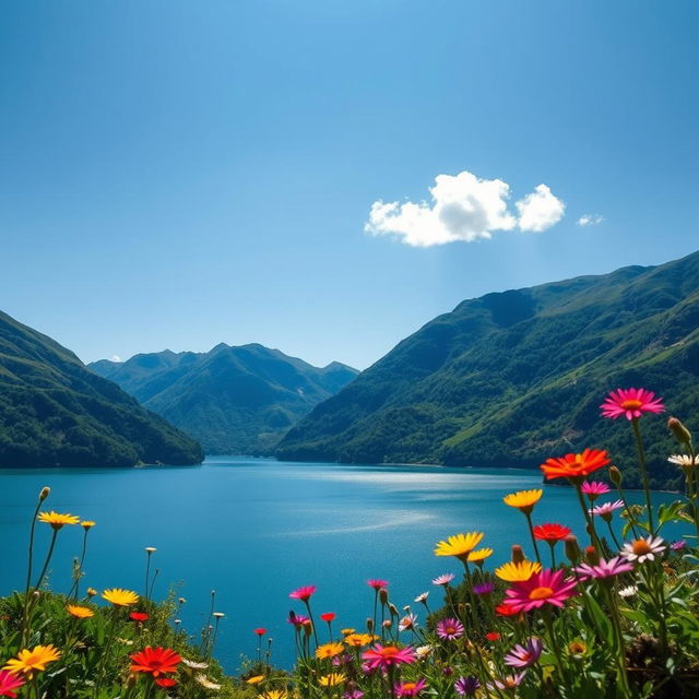 A beautifully shot landscape featuring a serene lake surrounded by lush green mountains under a clear blue sky