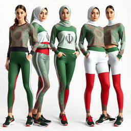 A fashionable collection of women's sportswear inspired by the Iranian flag, featuring its vibrant colors of green, white, and red