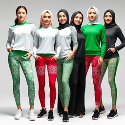A fashionable collection of women's sportswear inspired by the Iranian flag, featuring its vibrant colors of green, white, and red
