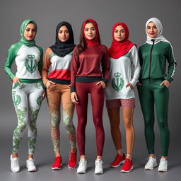 A fashionable collection of women's sportswear inspired by the Iranian flag, featuring its vibrant colors of green, white, and red