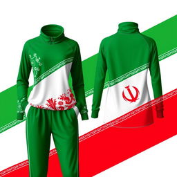 A stylish and modern women's sportswear set inspired by the Iranian flag and traditional Iranian motifs