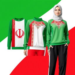 A stylish and modern women's sportswear set inspired by the Iranian flag and traditional Iranian motifs