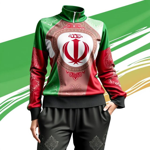 A stylish and modern women's sportswear set inspired by the Iranian flag and traditional Iranian motifs