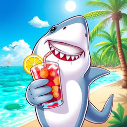 A whimsical scene featuring a shark happily drinking iced tea, with a tropical beach in the background