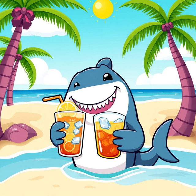 A whimsical scene featuring a shark happily drinking iced tea, with a tropical beach in the background