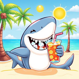 A whimsical scene featuring a shark happily drinking iced tea, with a tropical beach in the background