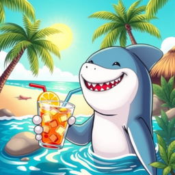 A whimsical scene featuring a shark happily drinking iced tea, with a tropical beach in the background