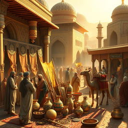 A richly detailed scene depicting ancient war spoils from the time of the Prophet Muhammad, featuring ornate gold and silver weapons, shimmering textiles, and beautifully crafted pottery