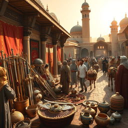 A richly detailed scene depicting ancient war spoils from the time of the Prophet Muhammad, featuring ornate gold and silver weapons, shimmering textiles, and beautifully crafted pottery