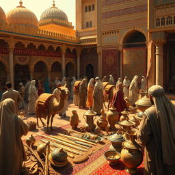 A richly detailed scene depicting ancient war spoils from the time of the Prophet Muhammad, featuring ornate gold and silver weapons, shimmering textiles, and beautifully crafted pottery