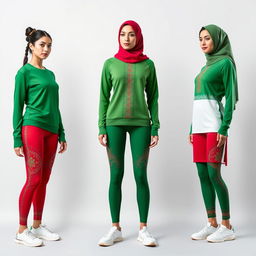 A stylish women's sportswear collection inspired by the Iranian flag, featuring bold colors of green, white, and red integrated seamlessly into the design