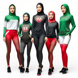 A stylish women's sportswear collection inspired by the Iranian flag, featuring bold colors of green, white, and red integrated seamlessly into the design