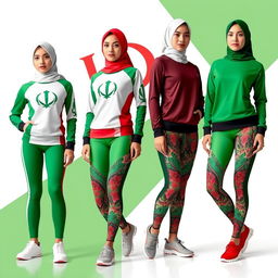 A stylish women's sportswear collection inspired by the Iranian flag, featuring bold colors of green, white, and red integrated seamlessly into the design