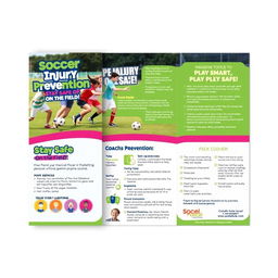 A vibrant and informative brochure focused on soccer injury prevention, filled with engaging visuals and educational content