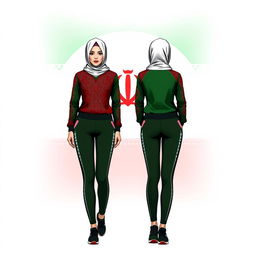 A stylish and modern women's sportswear design inspired by the Iranian flag, featuring the green, white, and red colors prominently
