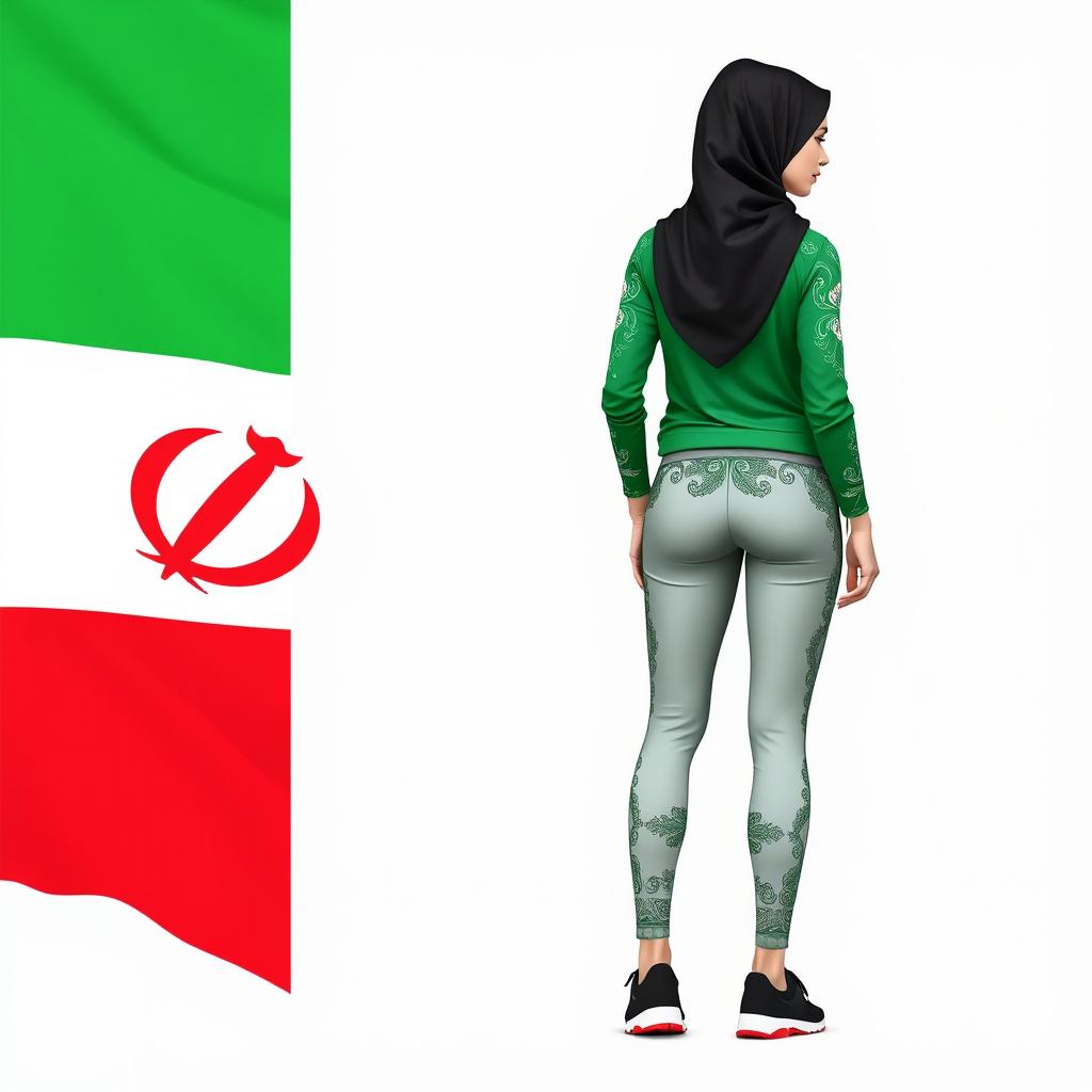 A stylish and modern women's sportswear design inspired by the Iranian flag, featuring the green, white, and red colors prominently