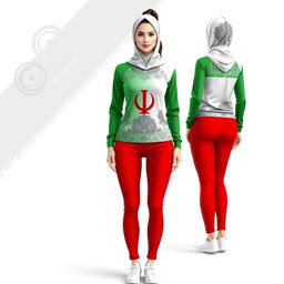 A stylish and modern women's sportswear design inspired by the Iranian flag, featuring the green, white, and red colors prominently