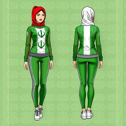 A stylish and modern women's sportswear design inspired by the Iranian flag, featuring the green, white, and red colors prominently