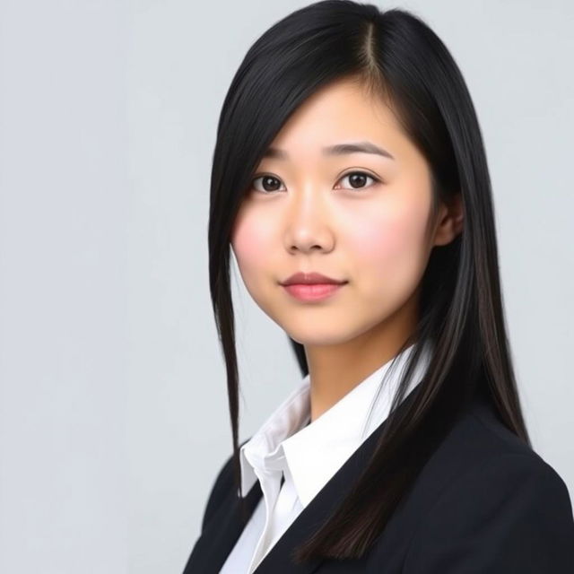 A professional portrait photo of a young Asian woman in a business suit, facing directly towards the camera with a neutral expression