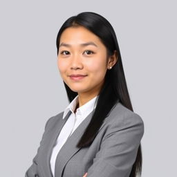 A professional portrait photo of a young Asian woman in a business suit, facing directly towards the camera with a neutral expression