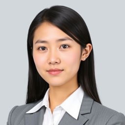 A professional portrait photo of a young Asian woman in a business suit, facing directly towards the camera with a neutral expression
