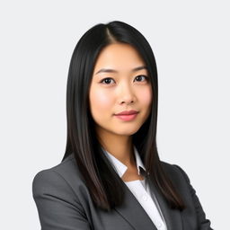 A professional portrait photo of a young Asian woman in a business suit, facing directly towards the camera with a neutral expression