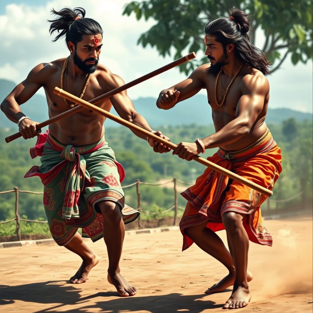 A realistic depiction of muscular Indian men engaged in a dynamic display of silambattam, a traditional martial art, while dressed in vibrant and intricately designed dhotis