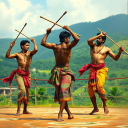 A realistic depiction of muscular Indian men engaged in a dynamic display of silambattam, a traditional martial art, while dressed in vibrant and intricately designed dhotis