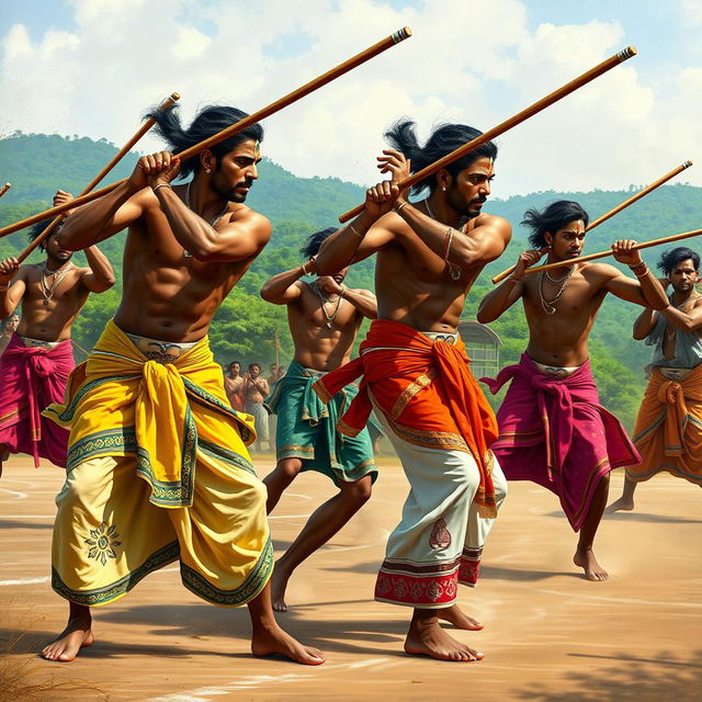 A realistic depiction of muscular Indian men engaged in a dynamic display of silambattam, a traditional martial art, while dressed in vibrant and intricately designed dhotis