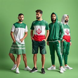 A stylish men's sportswear collection inspired by the Iranian flag, featuring its vibrant green, white, and red colors