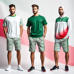 A stylish men's sportswear collection inspired by the Iranian flag, featuring its vibrant green, white, and red colors