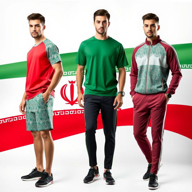 A stylish men's sportswear collection inspired by the Iranian flag, featuring its vibrant green, white, and red colors